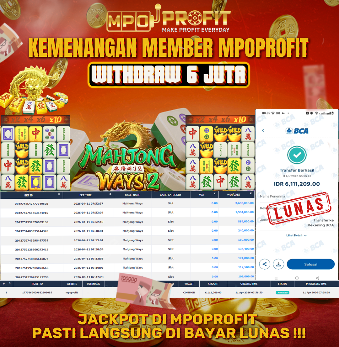 MPOPROFIT JACKPOT SLOT PGSOFT! KEMENANGAN MURNI DI (MAHJONG WAYS TOTAL RP 6.111.209,- LUNAS)